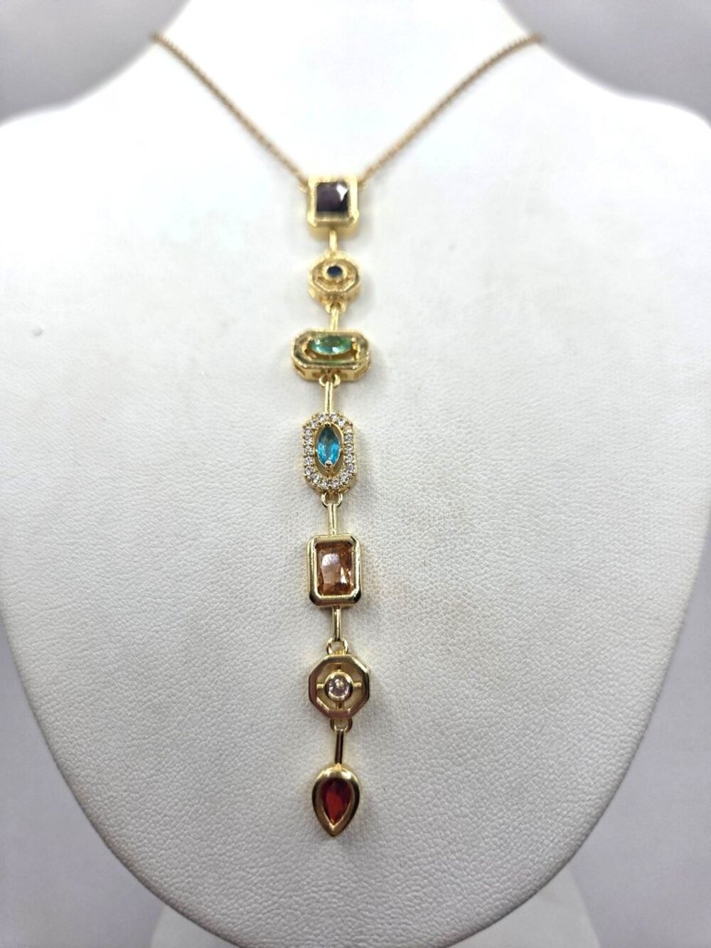 Gold-Plated Necklace With Multi-Colored Gemstone Pendants Adjustable Chain Elega